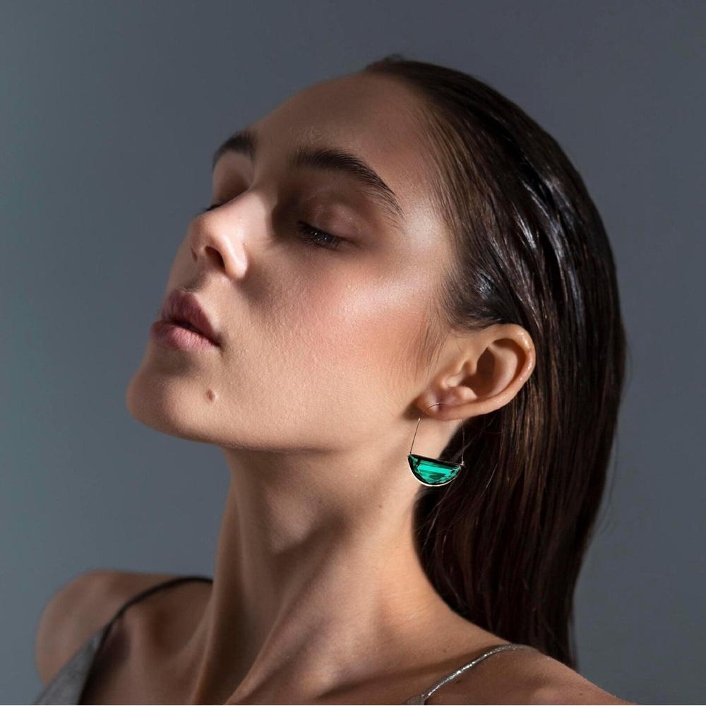 Crescent Gold and Green Glass Hoop Earrings - Picture 4 of 4